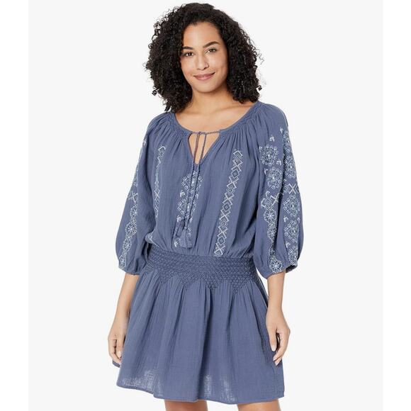 NWT Lucky Brand Embroidered Mini Peasant Dress Size L Nightshadow Blue Bohemian - Picture 1 of 11